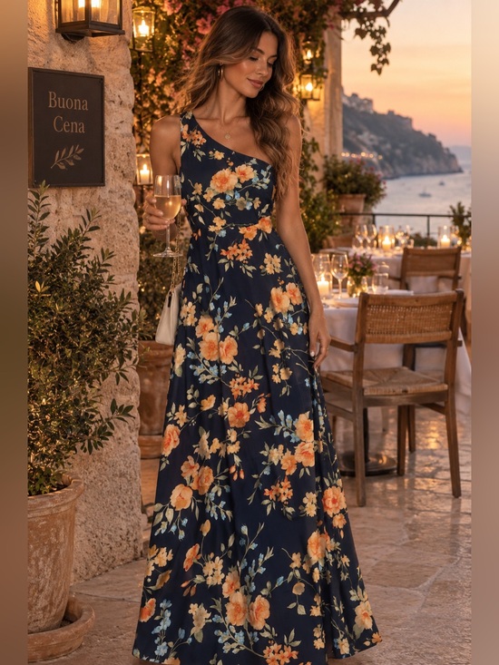 Lulus Dresses & Skirts - Lulu's Navy Floral One-Shoulder Maxi Dress